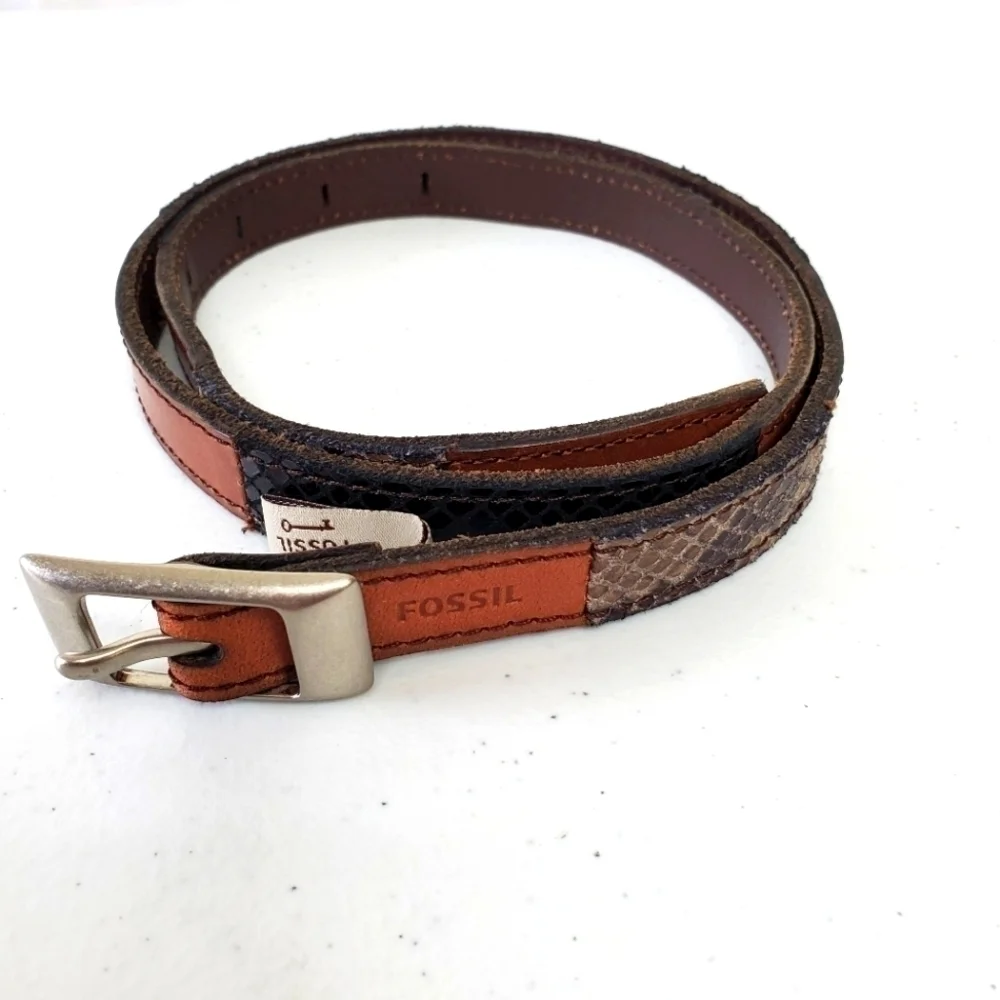 Fossil Leather Patchwork Snake Print Skinny Belt Size Small Retro Colorblock